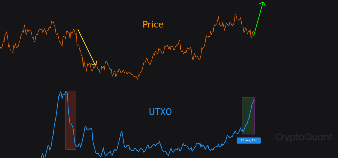 비트코인 가격과 UTXO 차트. 출처=크립토퀀트