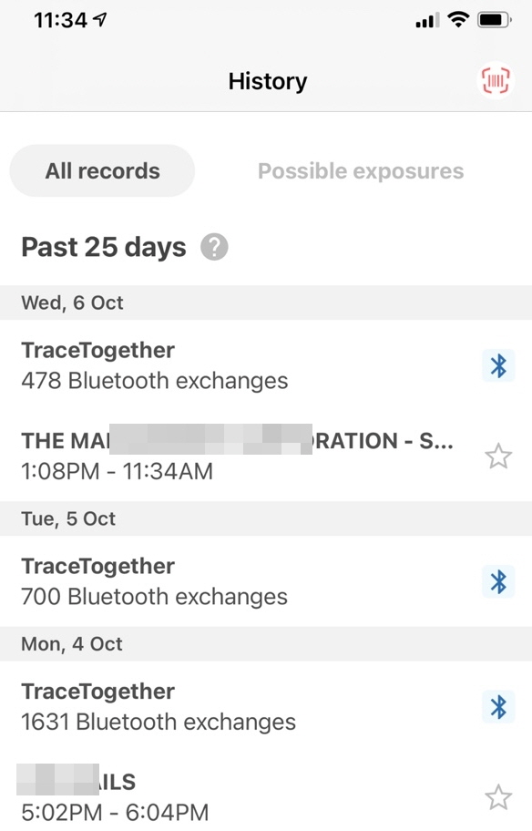 싱가포르 정부가 개발한 '트레이스투게더' 앱에서 내가 방문한 곳과 머문 시간을 확인할 수 있다. 출처=싱가포르 거주자 제공