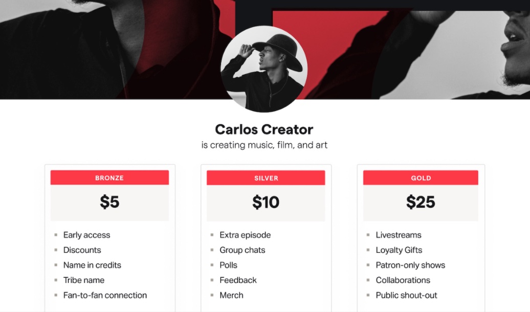 Patreon is a company that allows fans of content creators and influencers to pay for super-subscriptions. Image Source=Patreon