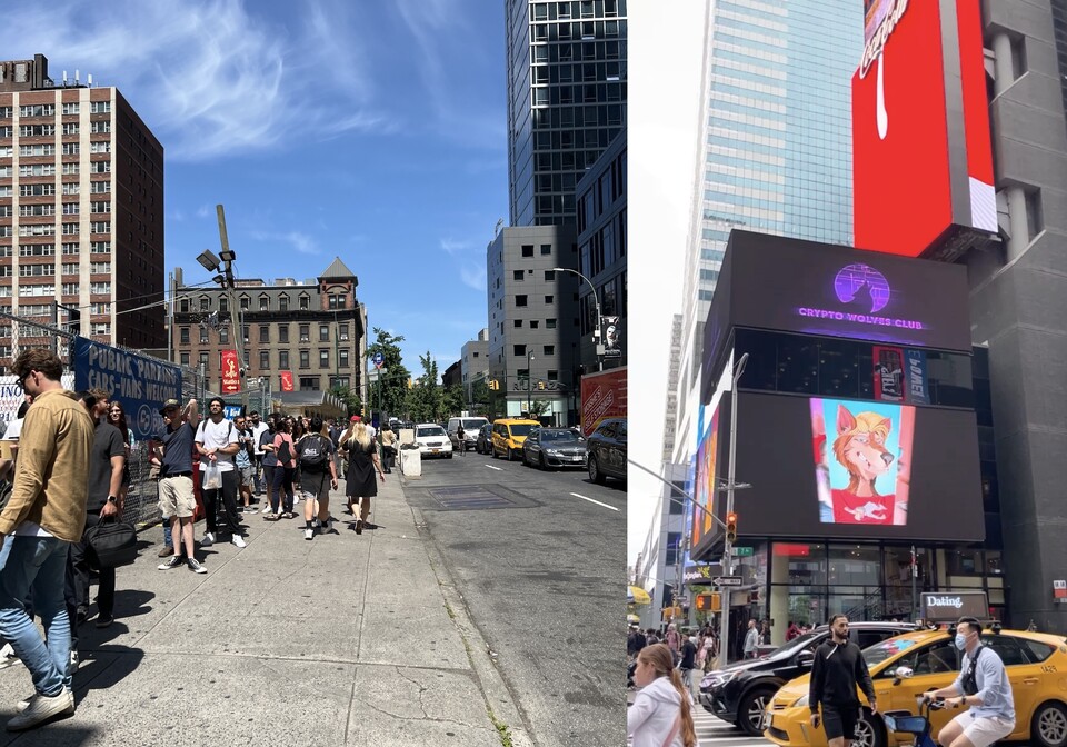 ﻿왼쪽: 호텔 주위를 감싼 등록 줄/오른쪽 타임스퀘어 전광판의 크립토 울프 클럽 프로젝트. 출처=NFT뱅크