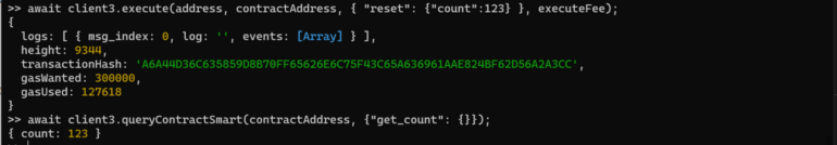 ﻿reset 트랜잭션을 실행하고 다시 get_count 쿼리를 실행한 출력값. 출처=DSRV 미디엄