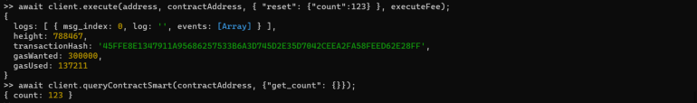 ﻿reset 트랜잭션을 실행하고 다시 get_count 쿼리를 실행한 출력값