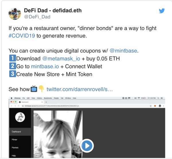 음식점 채권 발행 방법: 레스토랑을 소유하고 계신다면, ‘음식점 채권’을 통해 매출을 보전하고 #COVID19에 맞설 수 있습니다.@mintbase에서 디지털 쿠폰을 생성합니다.@metamask_io 를 다운받고 0.05 ETH를 구매합니다.http://mintbase.io 로 가서 월릿을 연결합니다.새로운 스토어를 만들고 토큰을 발행합니다.