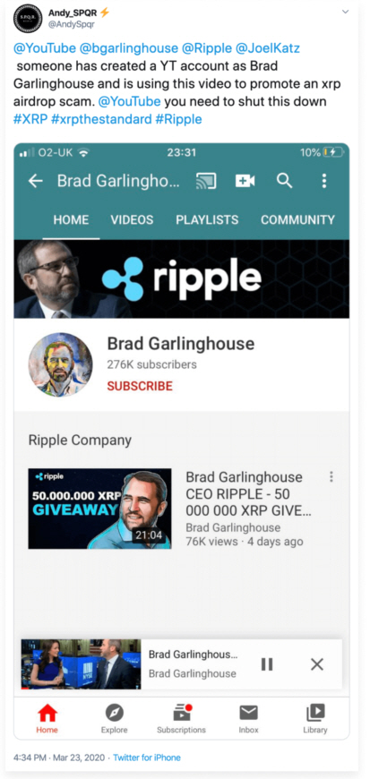 브래드 갈링하우스 리플랩스 CEO의 계정인 것처럼 활동하는 유튜브 사기 계정. 출처=리플랩스 블로그