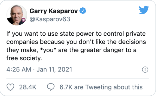 개리 카스파로프: 민간기업이 내리는 결정이 마음에 들지 않는다는 이유로 국가의 권력을 동원해 이를 통제하려 한다면, 그런 행동을 괜찮다고 생각하는 당신이야말로 자유로운 사회에 큰 위협이다.