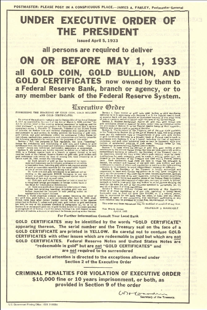1933년 미국에서 금 보유를 금지하는 행정명령 6102호. 출처=Wikimedia Commons