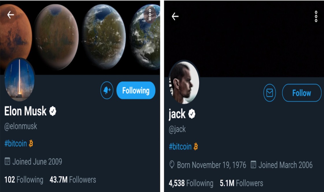 일론 머스크, 잭 도시는 2021년 트위터 프로필에 비트코인을 표시했다.