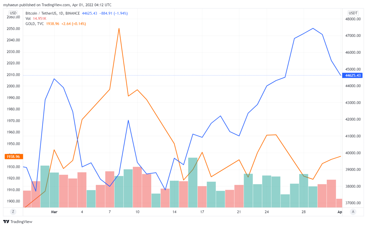 3월부터의 2021년부터의 비트코인 가격 추이(파란색 곡선), 금 가격 추이(주황색 곡선). 출처=트레이딩뷰