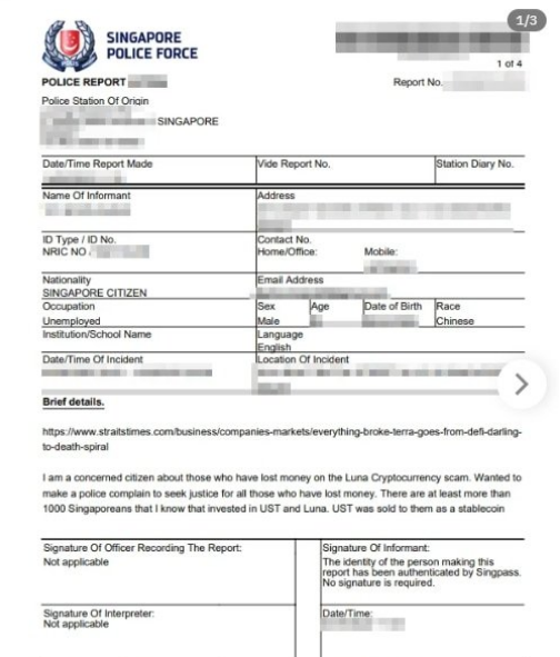 싱가포르 경찰청에 접수된 권도형 테라폼랩스 CEO에 대한 조사 요청 문서. 출처=Reddit